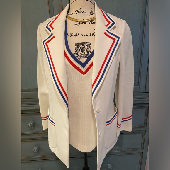 Vintage Act III V Neck Sleeveless Sweater & Matching Jacket Cream Red And Blue - Picture 1 of 8